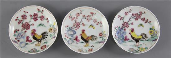 Three Chinese famille rose semi-eggshell cockerel small saucer dishes, Yongzheng period, diameter 8cm